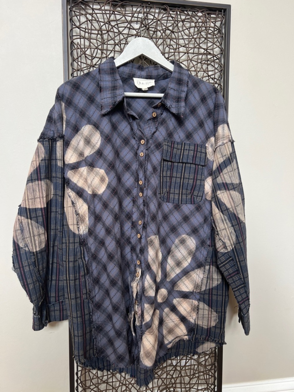Oli & Hali Oversize Button Down Patchwork Plaid Cotton Boho Grunge Blue shirt S